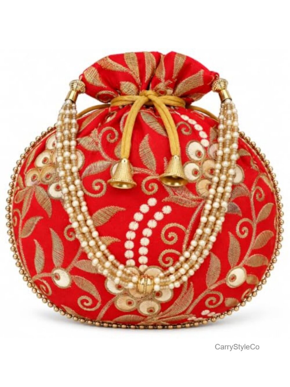 Satin Embroidered Potli Clutch with Pearl Handle Drawstring Women's Bag